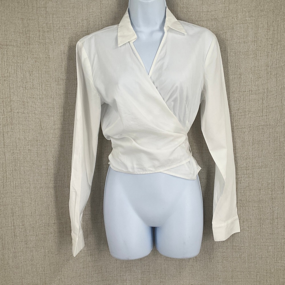 LOFT Wrap Blouse Women Small White Cotton Long Sleeve Tie Waist Minimalist NEW
